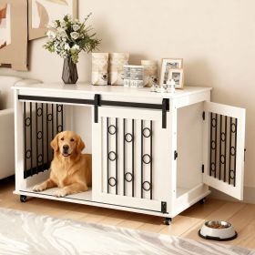 39.37'' Modern Wooden Dog Crate Furniture with Sliding Barn Door and Side Door, Indoor Dog Kennel End Table for Small to Medium Dogs